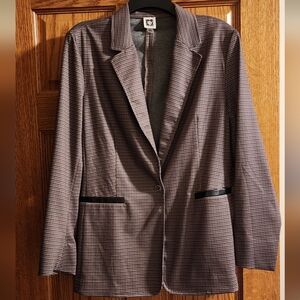 Anne Klein boyfriend blazer jacket unlined, mini houndstooth, sz: L tan/burgundy